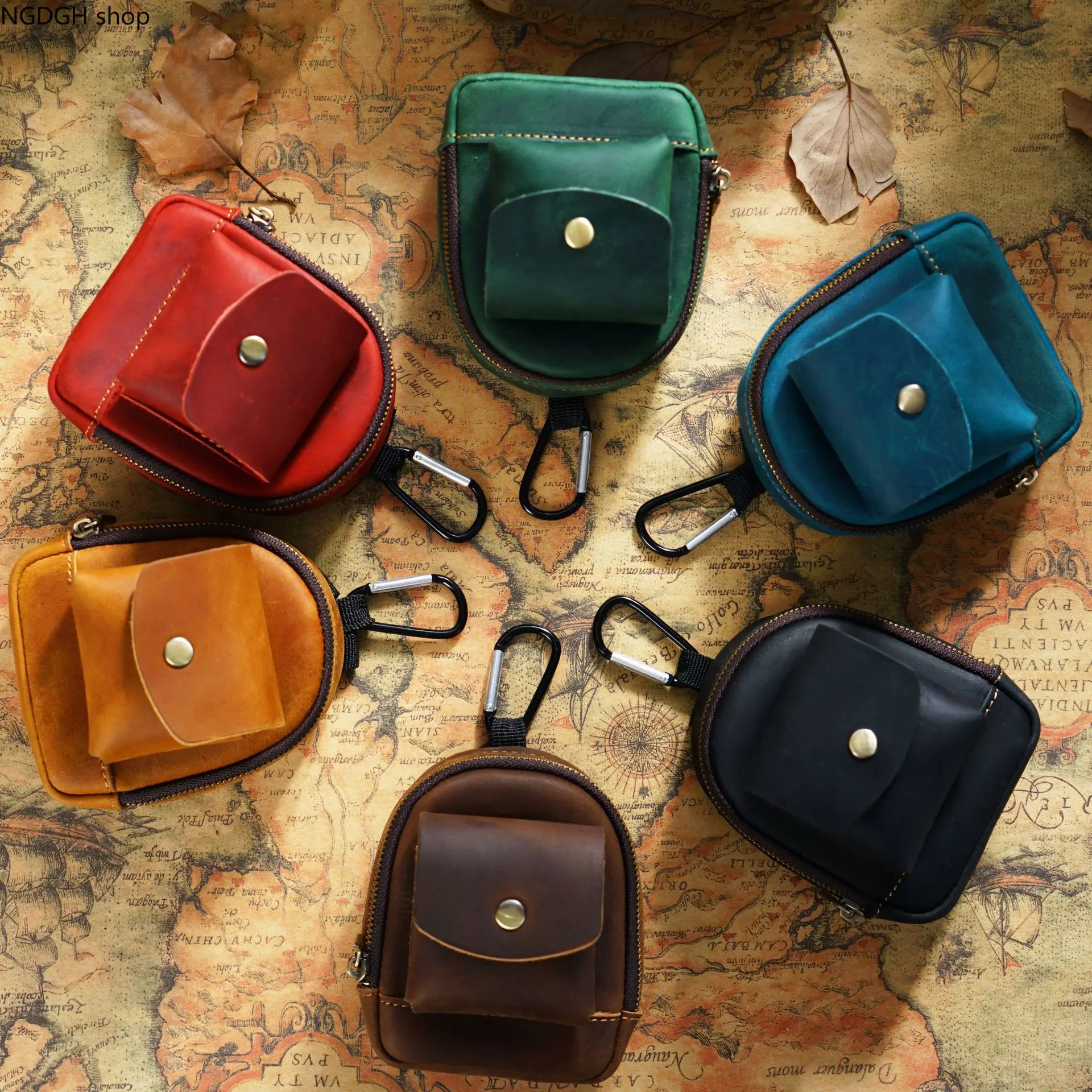 Leather Earbud Case with Clip, Small Compact Fit Zipper Pouch for AirPods, Everyday Carry for Men and Women, One-Piece