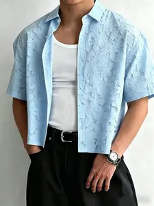 Unisex Sky Blue Lace Cut Out Embroidery Short Sleeve Shirt, Casual Aesthetic Y2K Style Crop Top, Loose Fit Streetwear for Men & Women