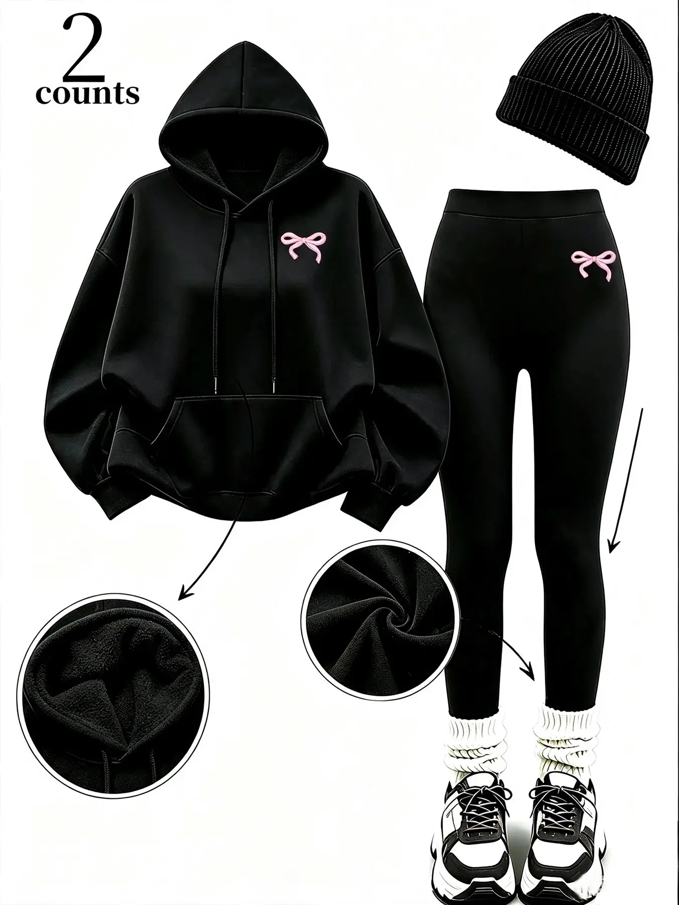Women Sweet Bow Embroidery Fleece Lined 2-Piece, Oversized Hoodie & High Waist Leggings, Soft Warm Fabric, Daily Wear