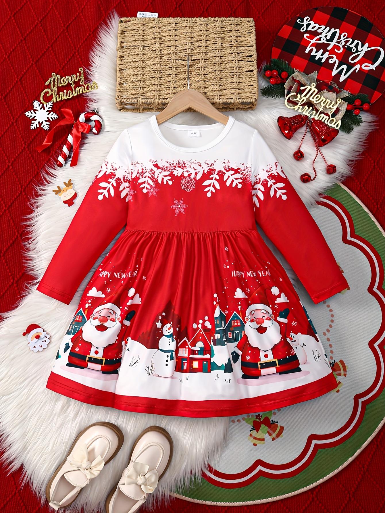 [Girls' Christmas Holiday Dress] Christmas Girls' Holiday Dress |         Long Sleeve, Round Neck, Stretchy Snowflake & Santa Print, Party Style, Polyester Knit, Regular Fit, All-Season