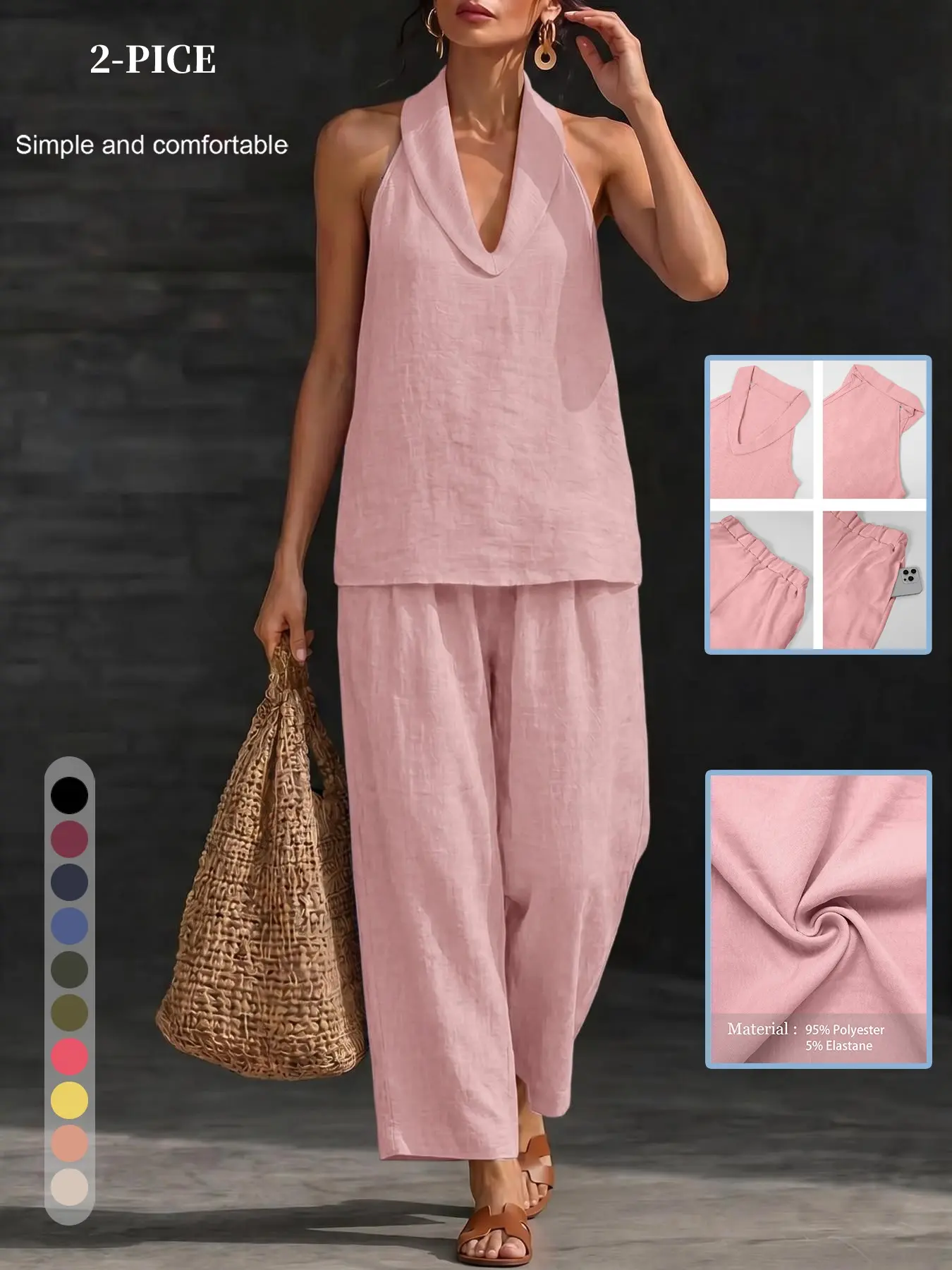 Fall Coastal Grandma Halter Lapel V Neck 2 Piece Set, Sleeveless Blouse, Cinched Slim Waist, Breathable, Chic All Seasons Fashion