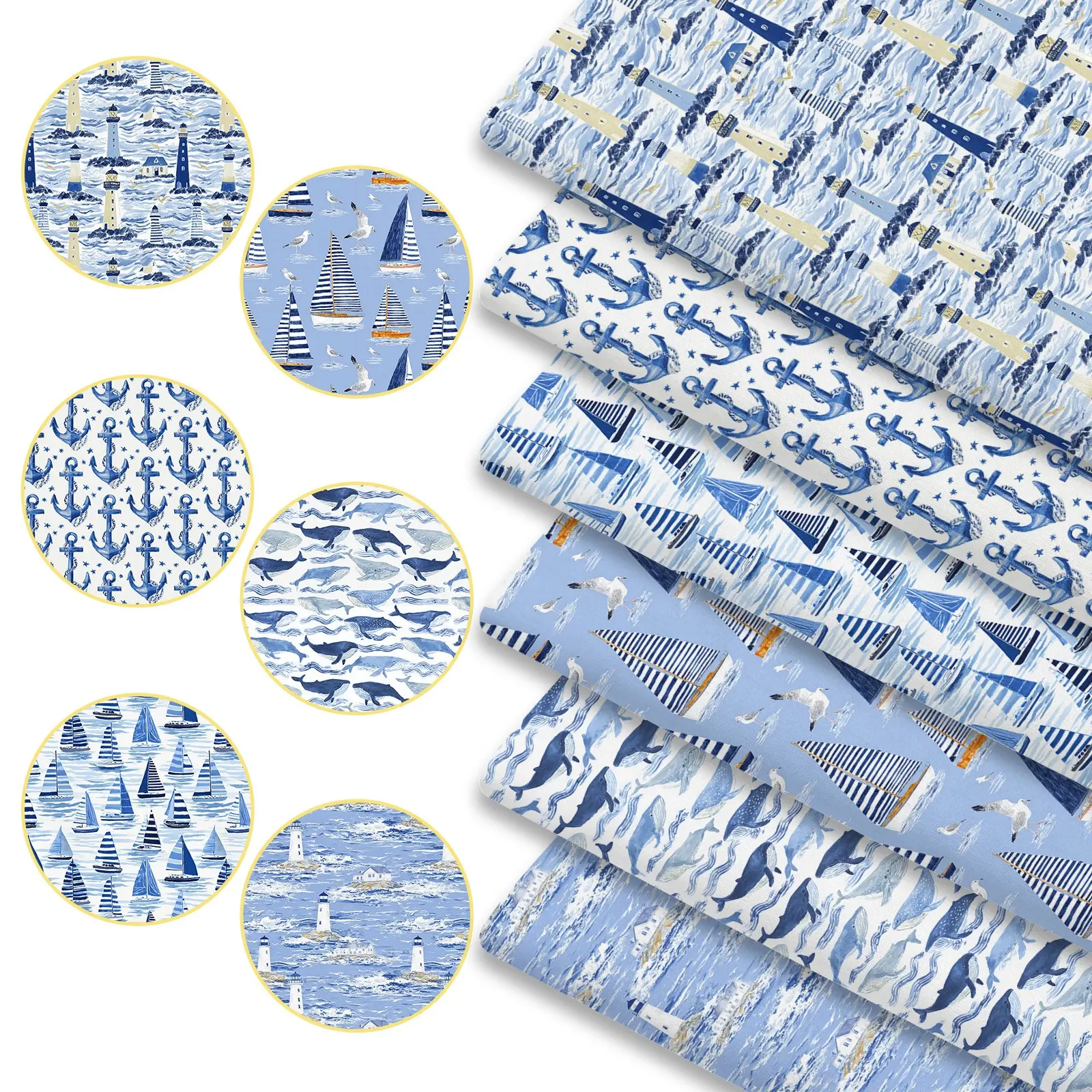6pcs Coastal Living Print Fabric Bundles, 45cm*50cm/19.69in*17.72in Beach Nautical Pattern Fabric Squares for Quilting, Patchwork Sewing Material for Bedding, Tablecloth, Bags, Headbands, Pillowcases