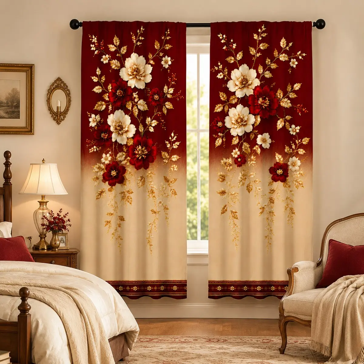 Gradient Wine Gold Rose Floral Curtain Set, 2 Panels, Light Blocking, Hanging Curtains, Wedding Room, Chinese Style, Luxury Decor