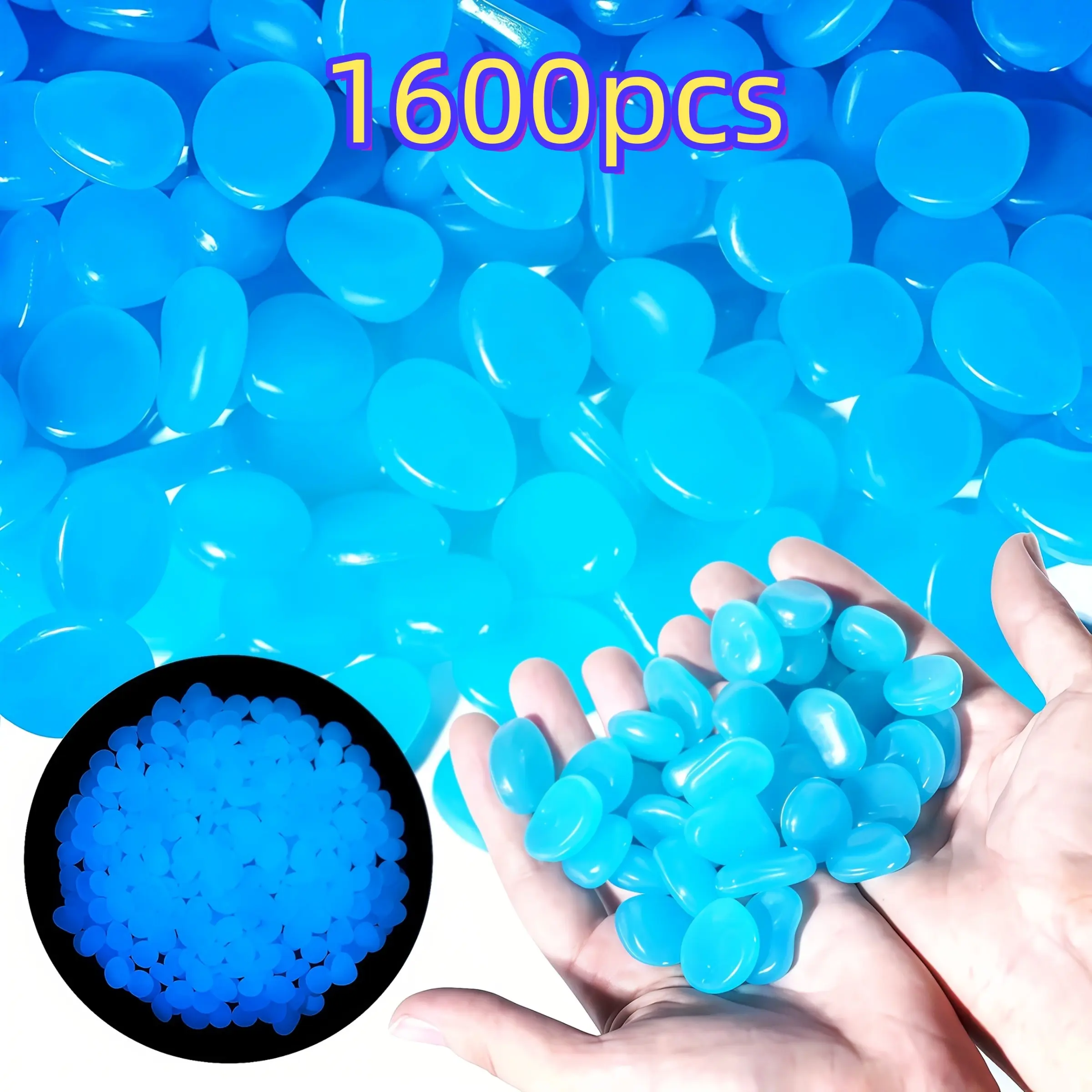 1600 pieces of photoactive luminescent resin mini stones, each with a diameter of 0.39 inches and weighing 0.9 pounds, suitable for outdoor/indoor gardens, Halloween and holiday decorations. Durable resin fluorescent stones, suitable for large landscapes