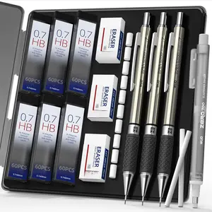 0.7mm Mechanical Pencil Set, 3 count Metal Drafting Pencils with 360 HB Lead Refills, 1 Eraser Pen, 3 count 4B Erasers, 12 Eraser Refills, Storage Case for Student Artist Writing, Drawing, Sketching