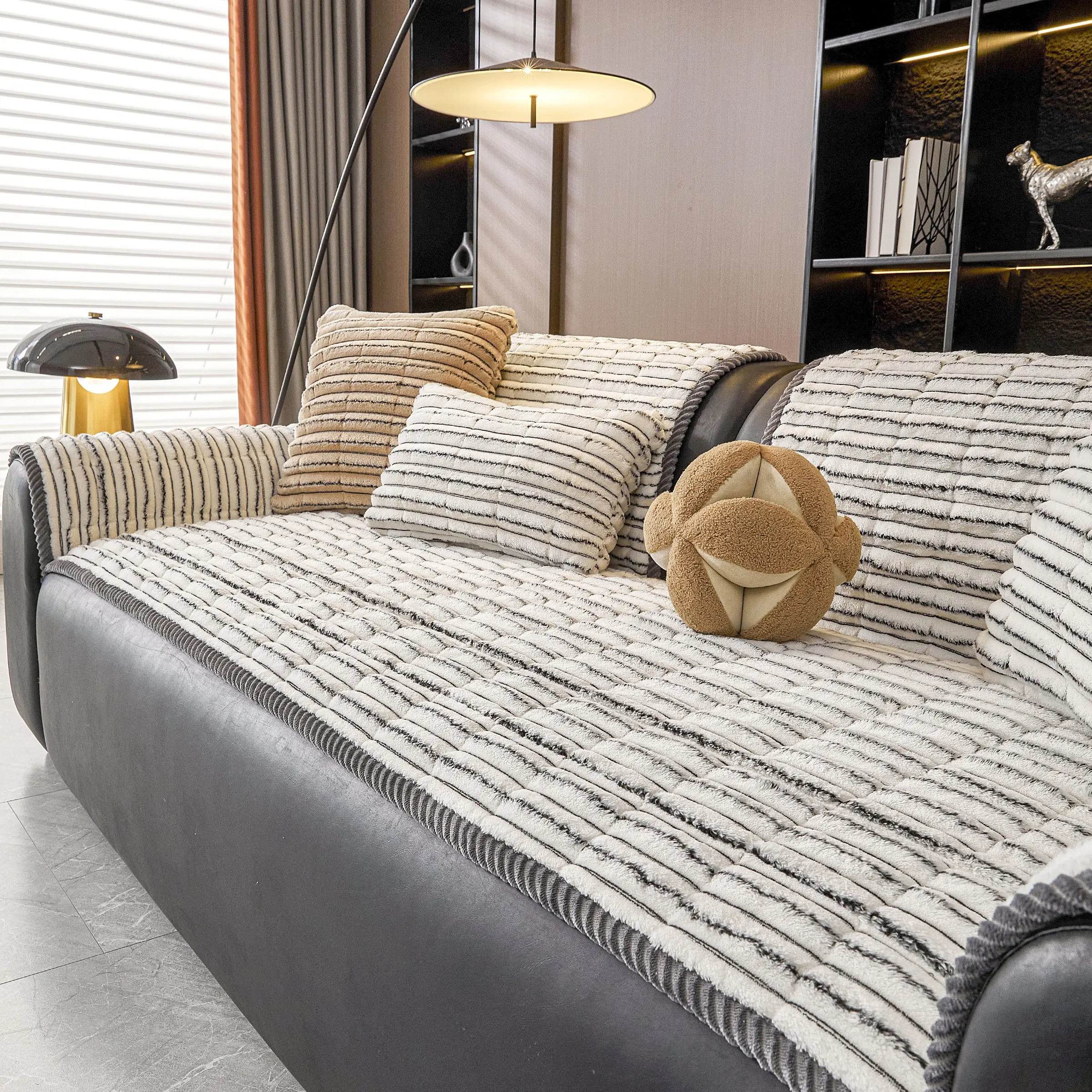 Striped Plush Sofa Pad, Scratch-Resistant, Pet-Friendly, Fits 1/2/3/4 Seater Sofas, Modern Minimalist, Reusable, Multi-Color Options