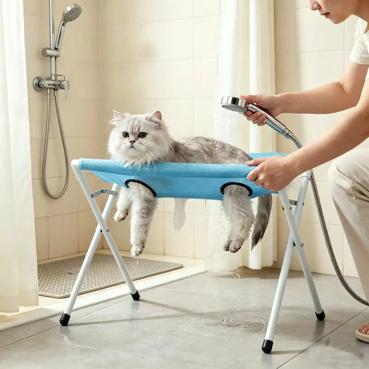 Pet Grooming Hammock for Dogs and Cats, Multi-Functional Bathing Support Sling with Rack for Nail Trimming, Grooming and Bath Time, Pet Restraint Hammock for Home Care, Washing, Claw Trimming and Daily Grooming