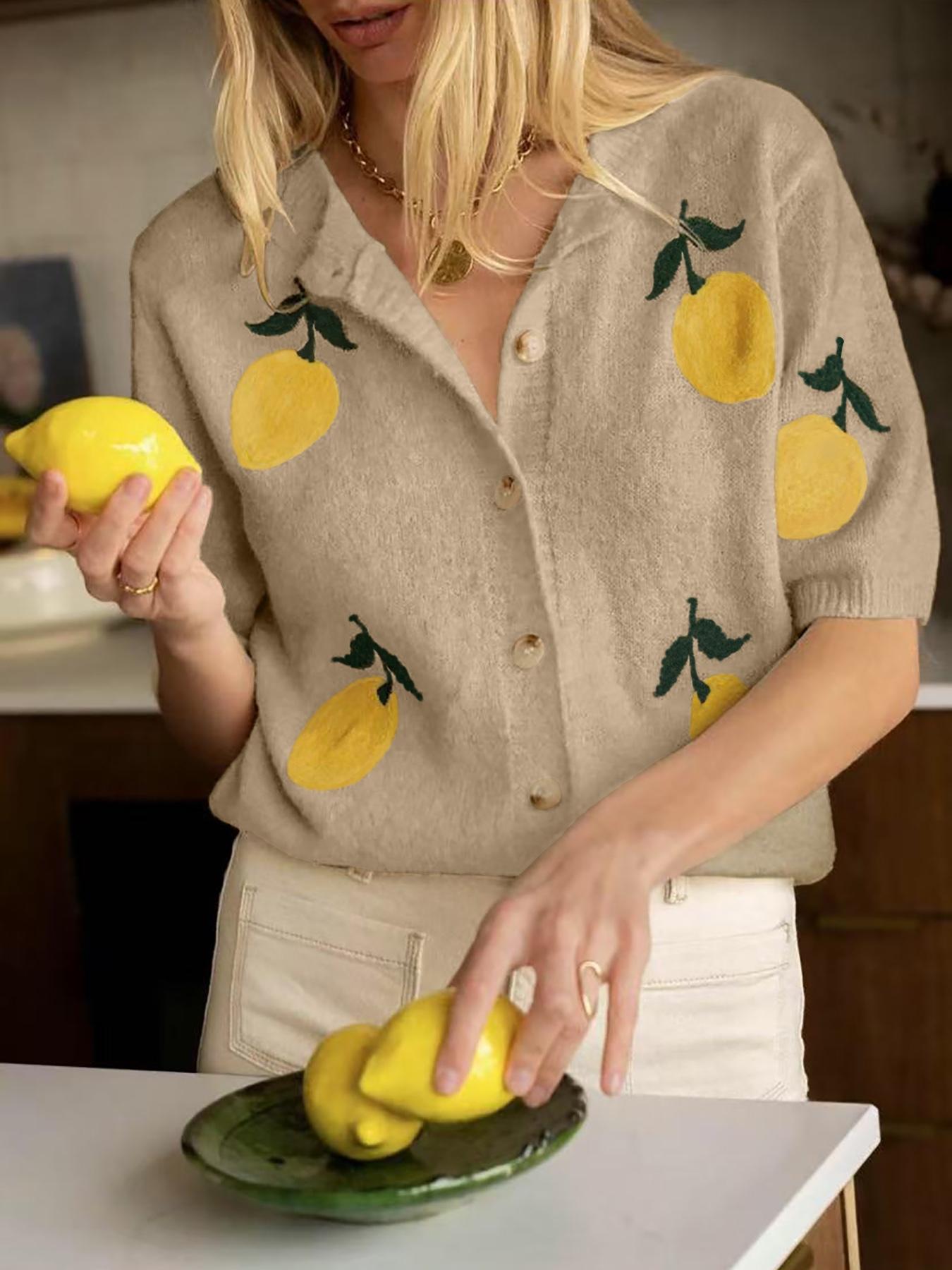 Women's Lemon Embroidery Sweater Cardigan, Casual Short Sleeve Knitwear for Daily Wear, Ladies Knitting Clothes for All Seasons, Tops