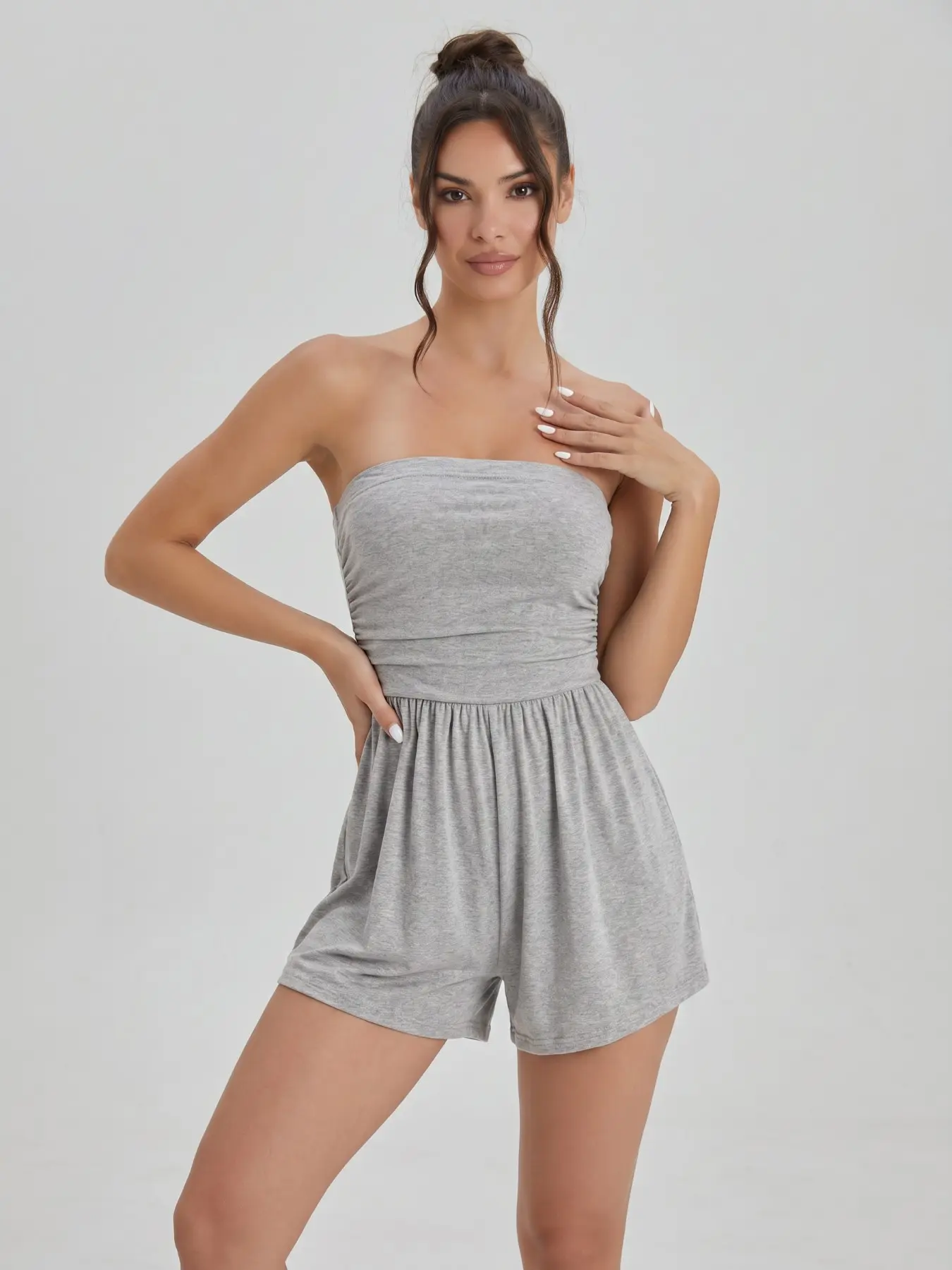 Women's Versatile Solid Color Strapless Shirred Waist Playsuit, Lightweight High Stretch Sweat-Wicking Daily Outfit, Summer Skin-Friendly Breathable Flattering Womenswear #TikTokMadeMeBuyIt #SummerEssentials #Athleisure