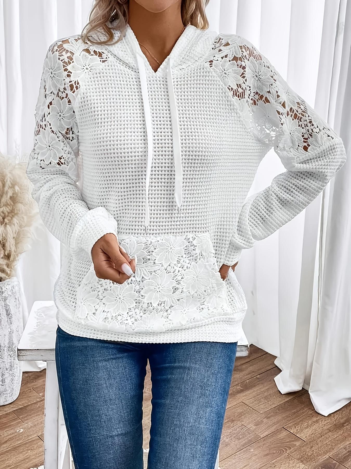 Plus Size Women's Hooded Lace Patchwork Pullover Sweater, Casual Long Sleeve Drop Shoulder Knit Top, Spring, Fall & Winter Fashion