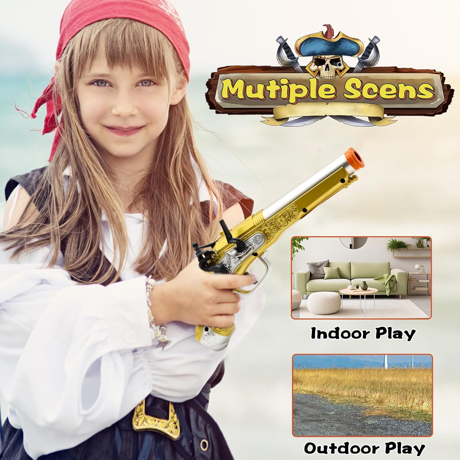 Revolver Soft Gun, Caribbean Firing Pirate Gun with 10 Soft bullet, EVA Children's Toy Small Pistol with Gift, Holiday Toys