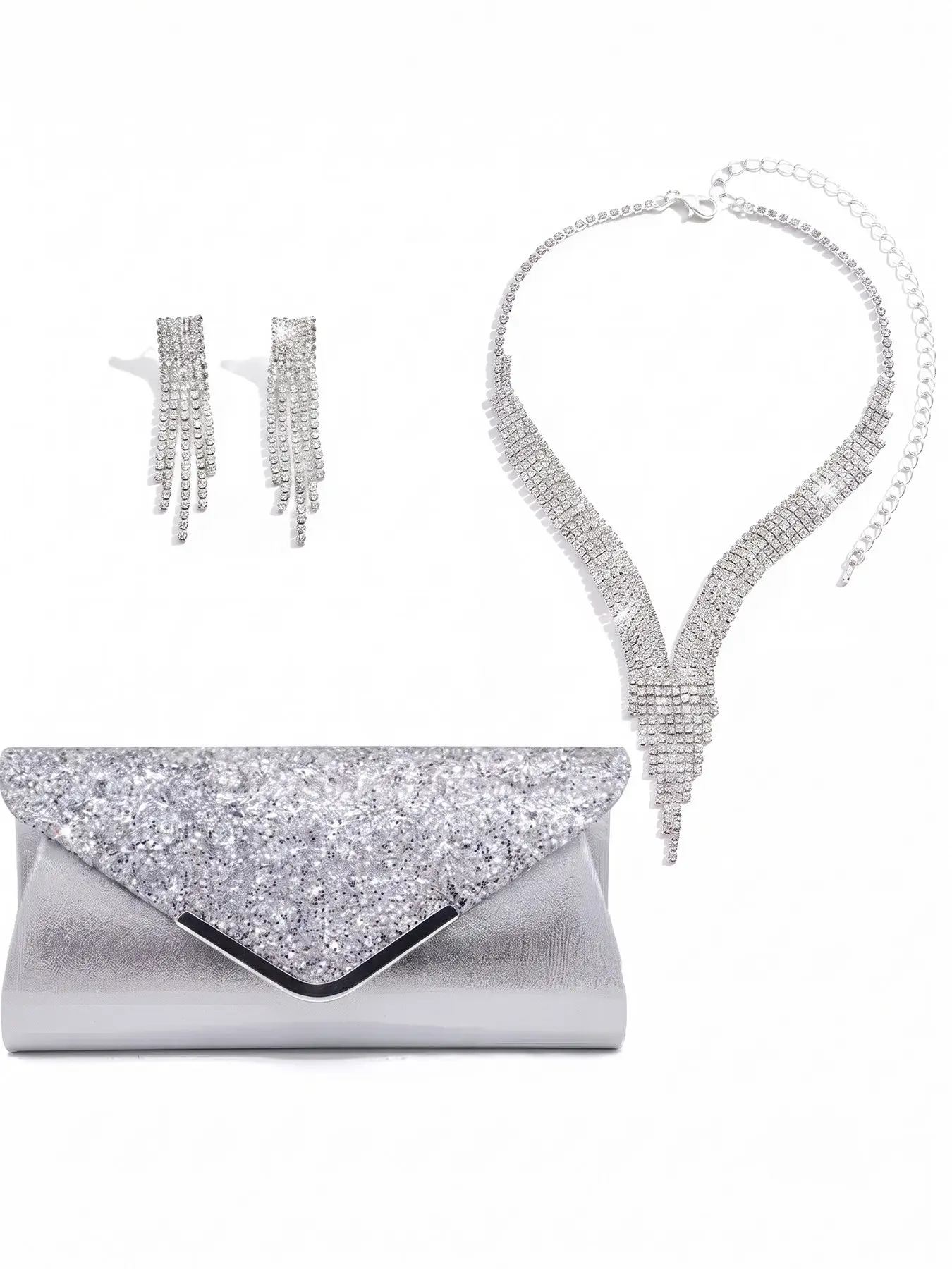 3Pcs Silver Glitter Envelope Clutch Bag & Crystal Jewelry Set, V-Shaped Waterfall Rhinestone Necklace, Linear Fringe Drop Earrings Pack, Prom Wedding Bridal Party Evening Accessories, Glittery Clutch Bag