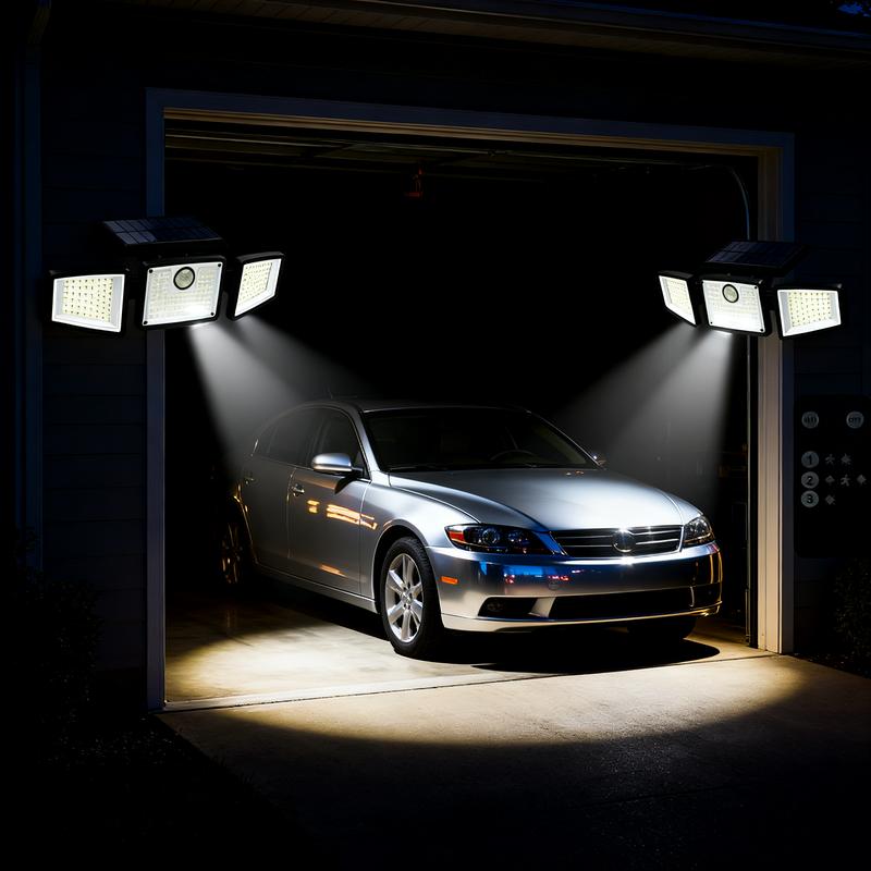 2-Pack Solar LED Security Lights with Motion Sensor IP65 Waterproof Outdoor Lights for Backyard Pathway 2 Sets Wide Coverage Remote Control Modes Brightness Timer 74pcs 8W 550lm 6500K brightness timer