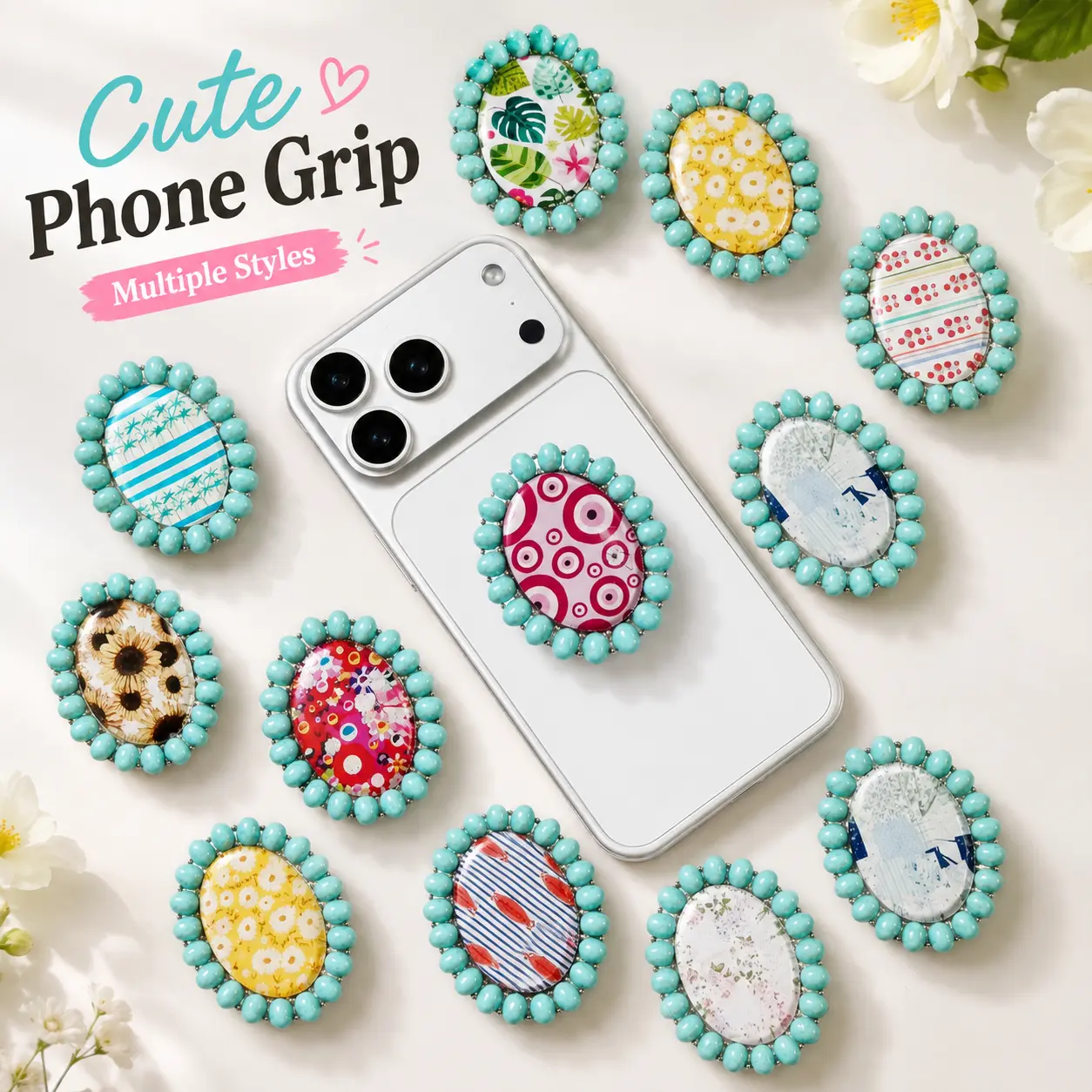 MagSafe-Compatible Magnetic Smartphone Grip & Stand Accessory, Retro Western Boho Turquoise Beaded Durable Expanding Holder with Patterned Resin & Concho, Multi-Styles Phone Accessories