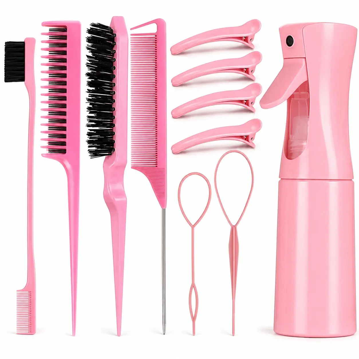 11-Piece Hair Styling Tool Set with Continuous Mist Spray Bottle, Rat Tail Comb, Teasing Brush, Edge Brush, Sectioning Clips & Hair Loop Tools for Parting, Braids, Sleek Styles & Daily Hair Care