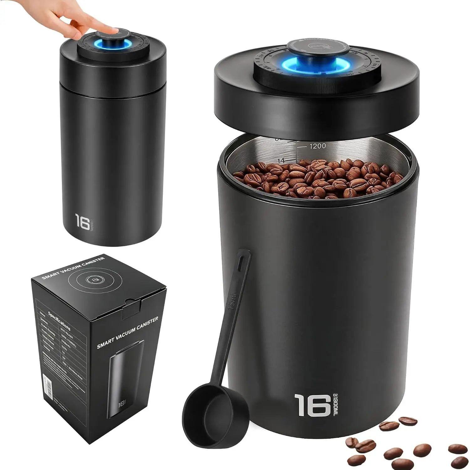 Auto Vacuum Coffee Canister, Rechargeable Airtight Coffee Container with 304 Stainless Steel Inner, Scoop, Sealed Coffee Bean Storage Container for Ground Coffee, , , 16OZ/ 1.3L