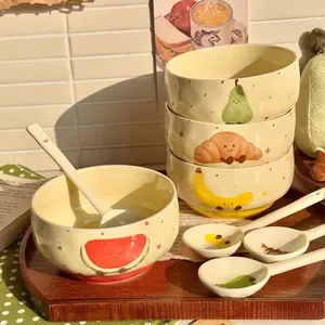 Cute Fruit Ceramic Bowl,Give a spoon， Creative Decorative Hand-Painted Ceramic Soup Bowl, Heat-Resistant Noodle Bowl, 4.65 Inch Rice Bowl Set