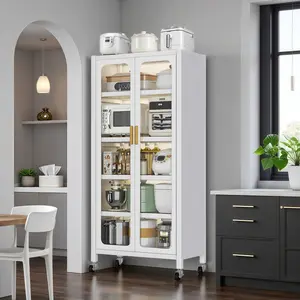 White 65 Inch 6 Tier Carbon Steel Kitchen Pantry Storage Cabinet, Transparent Magnetic Double Doors Lockable Rolling Wheels Adjustable Shelves Modern Display Cabinet for Kitchen Living Room