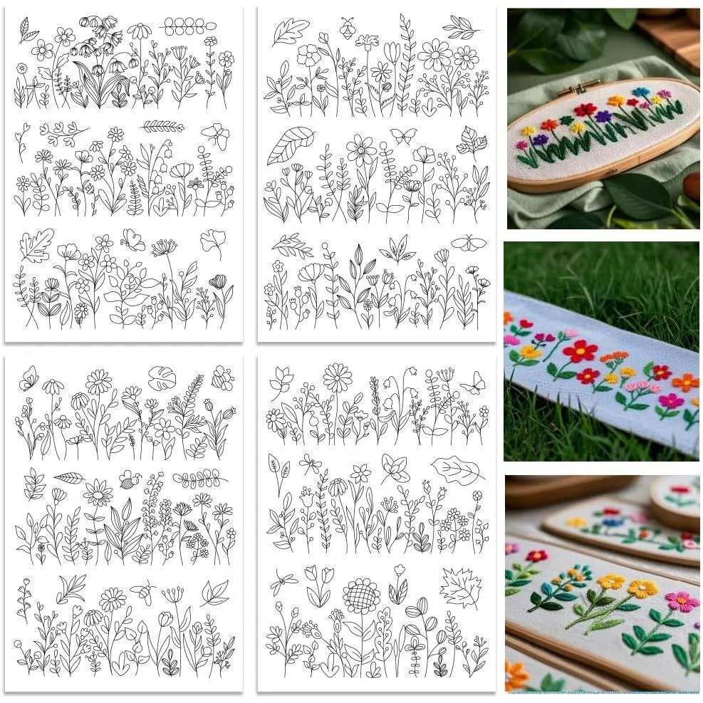4 Sheets 12 count Water Soluble Embroidery Patterns Stabilizers - Pre-Printed Wildflowers & Flowering Shrubs Designs - Stick &  Embroidery Paper for Hand Sewing Lovers