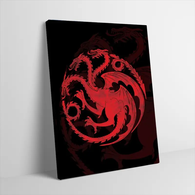 Targaryen Poster Canvas Wall Art Red Three Headed Dragon Crest Icon Print Dark Aesthetic Fantasy TV Show Wall Decor for Gaming Room Boy Bedroom Man Cave Unframed