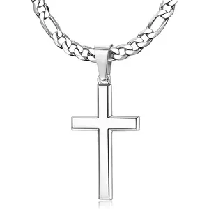Cross Necklace for Men Women : Sterling Silver Cross Pendant Beveled Edge with 5mm Stainless Steel Figaro Link Chain or Cuban Link Curb Cross Chain Crucifix Pendant Necklace Jewelry 16-30 Inches