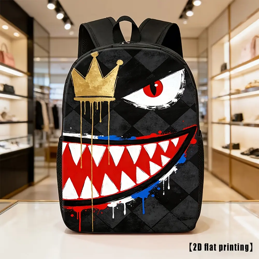 A trendy, casual backpack featuring a bold design—complete with a gold crown, a grinning fang-filled mouth, and a red-eyed graffiti splatter print. With its distinctive, expressive style, it is perfect for school, commuting, street fashion, and everyday t