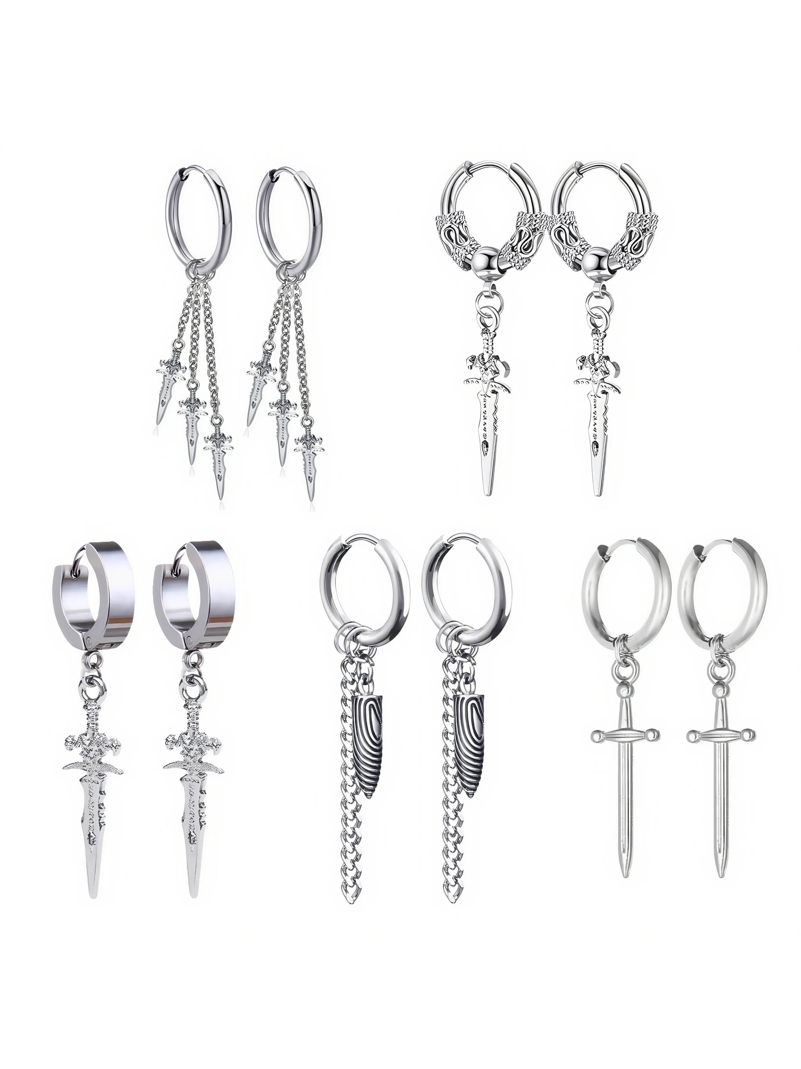 1-5 Pairs Sword Chain Irregular Goth Woman's Stainless Steel Piercing Dangle Hanging Earring Set for Man Vintage Pendant Jewelry