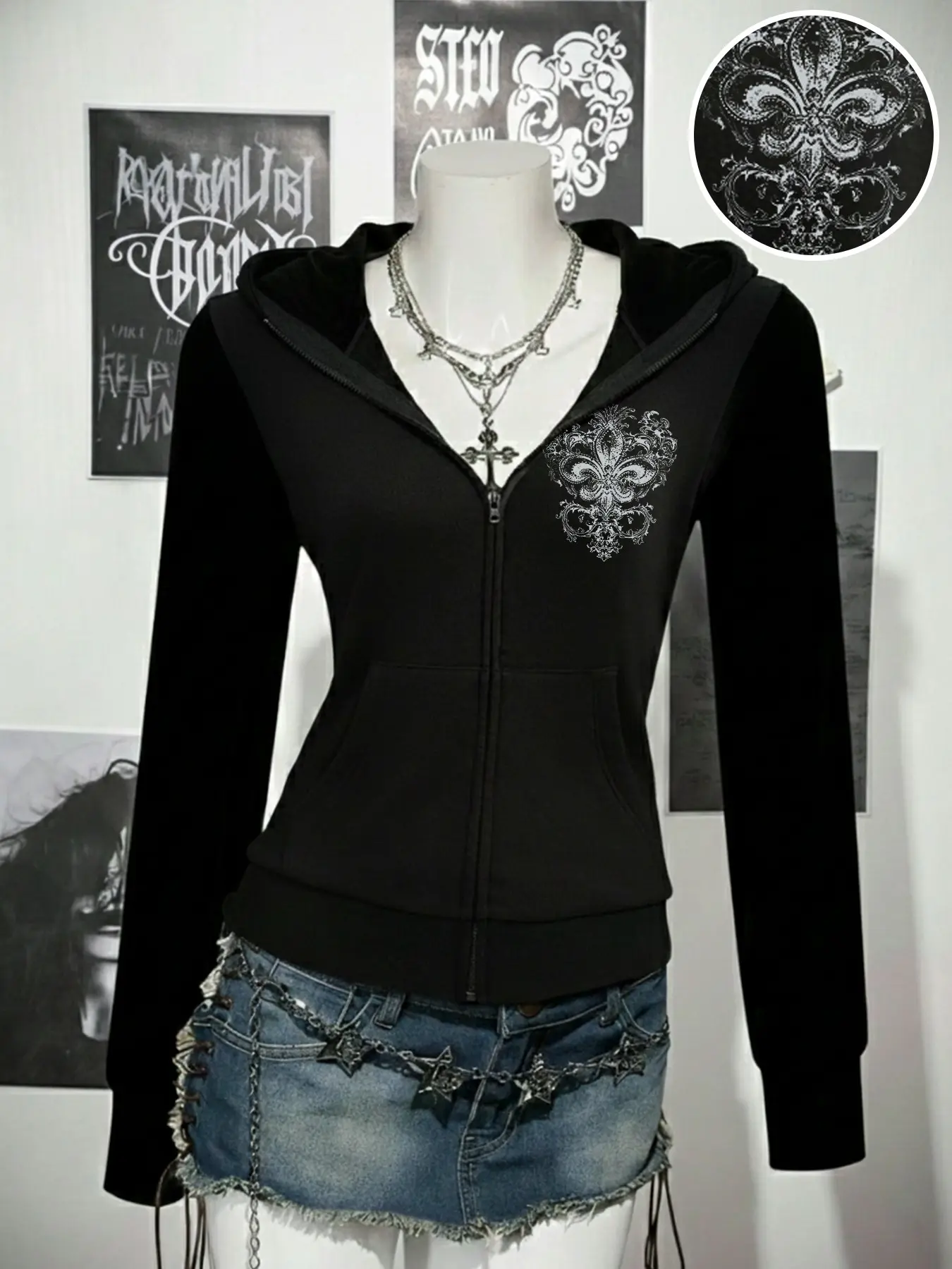 Autumn and winter fleece Gothic-style lily zipper hoodie, Y2K dark slim-fit cropped hoodie, alternative moody street style, punk Gothic outfits, girls' fashion daily layered tops #hoodie#sweatshirt
