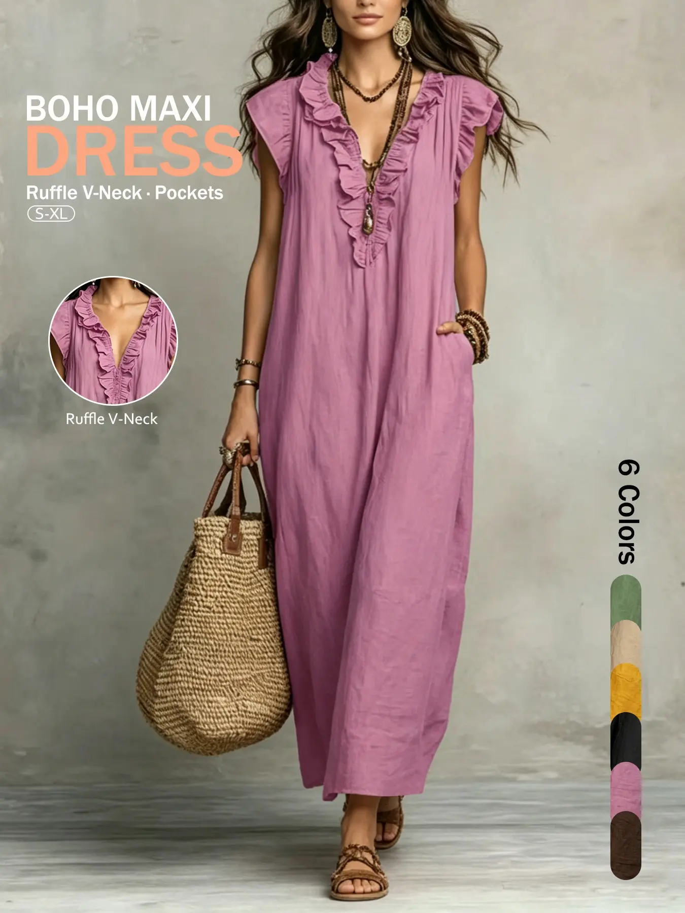 Women's V Neck Ruffle Super Long Cocktail Maxi Dress, Fashion Fly Sleeve Loose Fit Dress, Elegant and Comfortable Evening Wear, Perfect for Special Occasions
