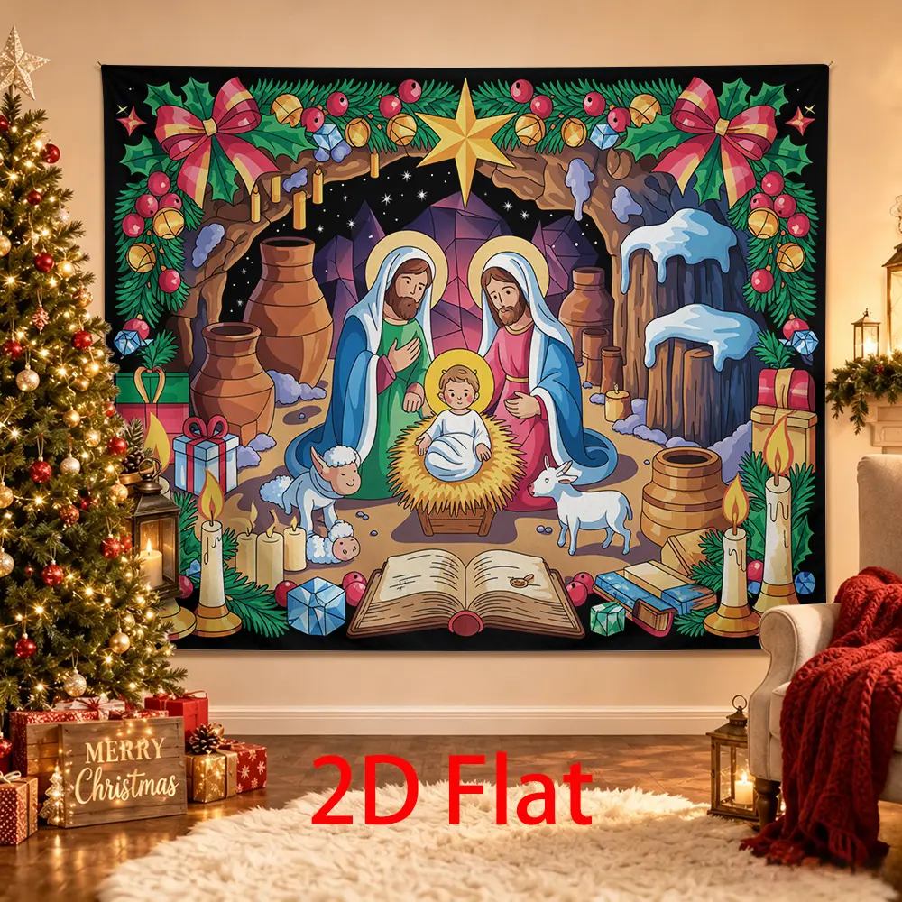 Cute Kids Nativity Backdrop with Holy Family, Manger, Lambs and Candles