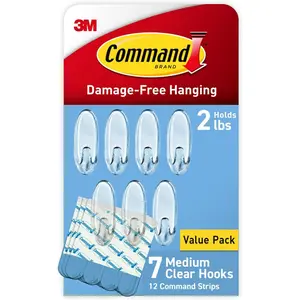 Command Medium Clear Wall Hook, 7 Wall Hook and 12 Strips, Damage-Free Hanging with Adhesive, Great for Hanging Home Decor, Holds up to 2 lb