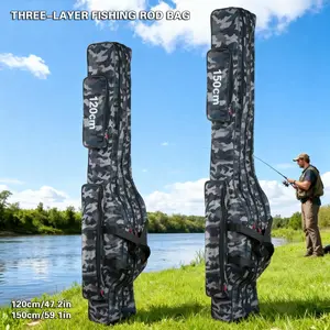 One Piece Three-Layer Large Capacity Fishing Rod Bag, 120cm/inch, 150cm/inch Options, Jungle Print, Portable Foldable Design, Multiple Compartments for Fishing Reel Tackle, 1200D Oxford fabric Fishing Bag
