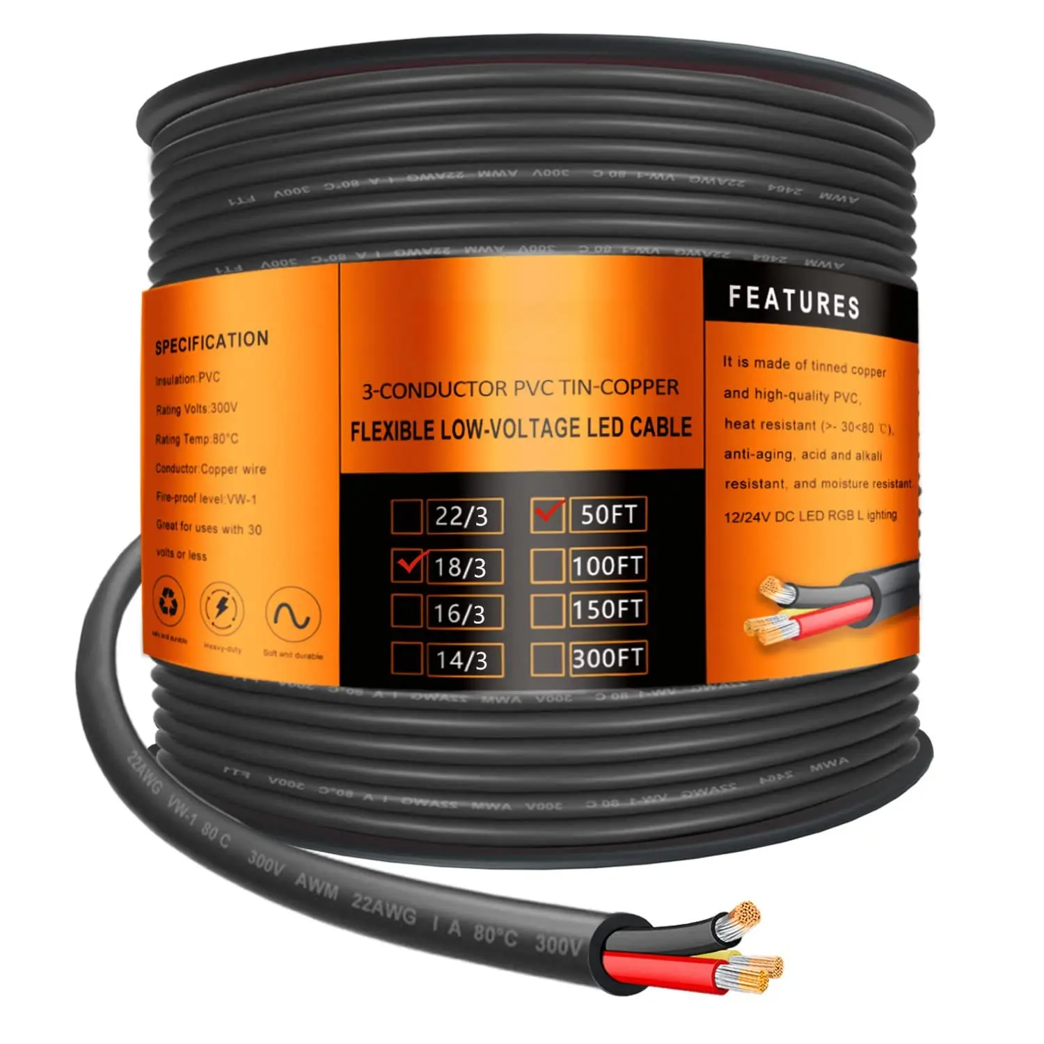 18 Gauge 3 Conductor Electrical Wire, 50FT 18 AWG Stranded Low  18/3  Tinned Copper, Flexible Extension Power Cord for LED Lamp