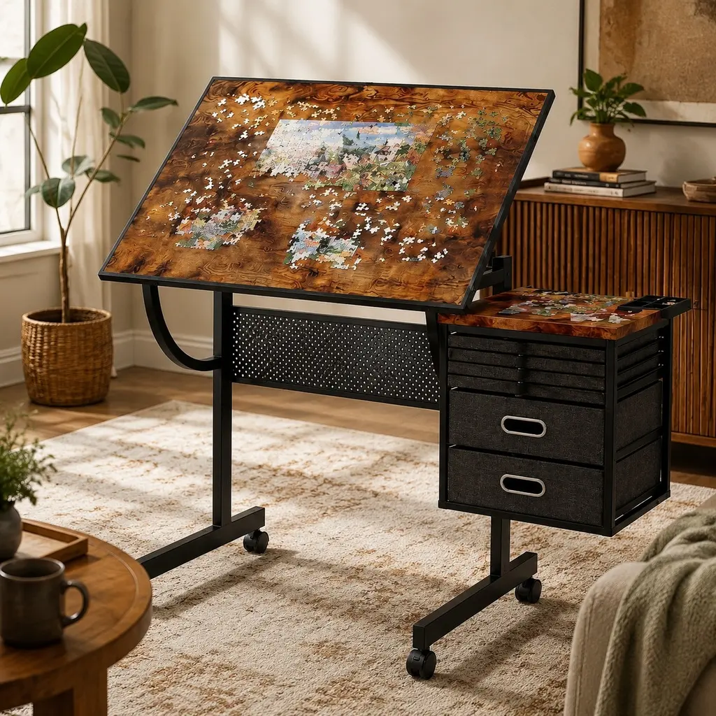 Large Metal Frame Jigsaw Puzzle Table for Adults - 1500-Piece Capacity, Angle-Adjustable Desk with 4 Wheels, 4 Felt Trays, 2 Drawers, Black, Rolling Drafting Table for Home Office