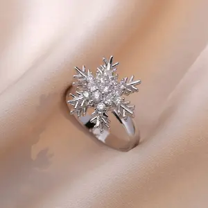 17mm Snowflake Rotatable Fidget Ring for Women, Copper Zirconia Adjustable Open Band, Hypoallergenic Non-Tarnish Stress Relief Anxiety Ring, Perfect Christmas New Year Gift