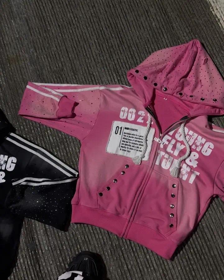 Men's Hoodies America Vintage Sequins Rhinestone Embroidery Zipper Hoodie Men Women Punk Gothic Stripe Patchwork Trendy Sweatshirt