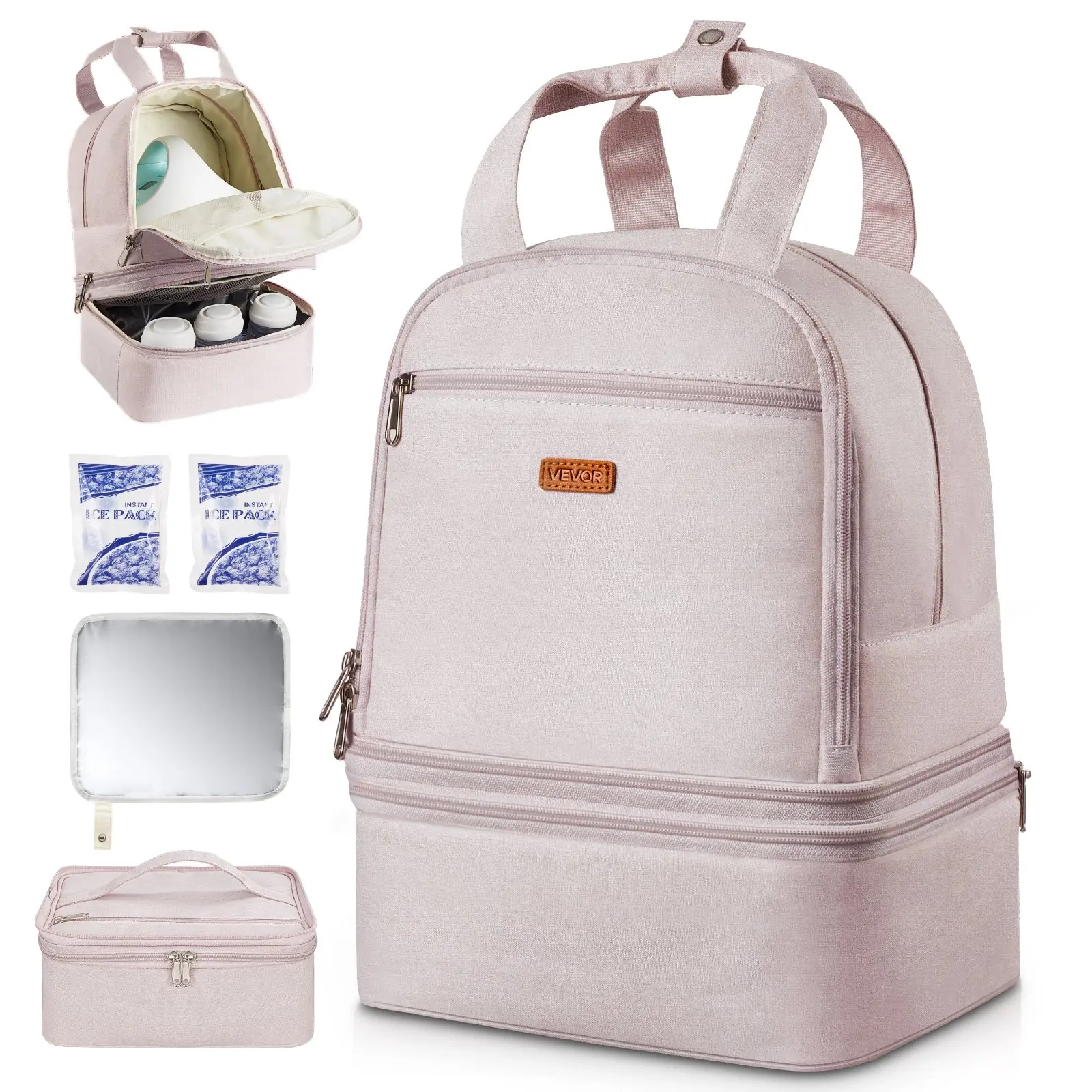 VEVOR Light Pink Breast Pump Backpack with Ice Pack & Shoulder Strap, Portable Size, Fits S1/S2, Holds Pumping Accessories & Breastmilk Storage, Ideal for Work Travel