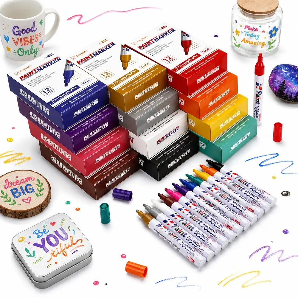 12-Pack Single Color Metal Paint Pens, Waterproof Fast-Drying Oil-Based Markers, Non-Fading Touch-Up Stains, Multi-Surface Use
