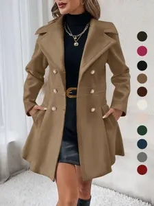 2026 Spring Summer Women's Coat, European Style Notched Lapel, Thick A-Line Pea Coat with Pockets, Fashionable Woolen Jacket