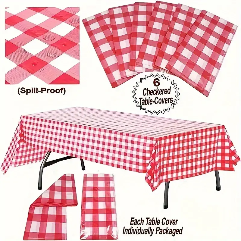 6pcs, Disposable Checkered Tablecloth Outdoor Picnics. Plastic Checkered Tablecloth, Birthday Party, Room Decoration, Red And White Convenient Outdoor Utensils, Carnival, Party Decoration Supplies