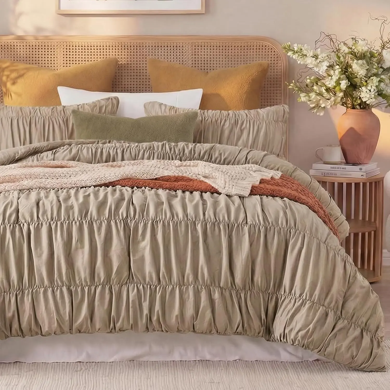 Boho Comforter Set Queen Size,Ruched Bedding,100% Cotton Comforter 3 Pcs,Vintage Ruffle Taupe Bedding Queen Size Bed Set with 1 Comforter 2 Pillowcases