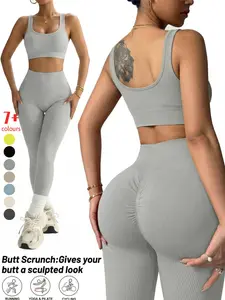 Women's Yoga Set, Seamless High-Waist Sporty Tank Top & Long Pants, Compression Wear, All-Seasons, Plain Surface, Unlined, Athletic Workout Set