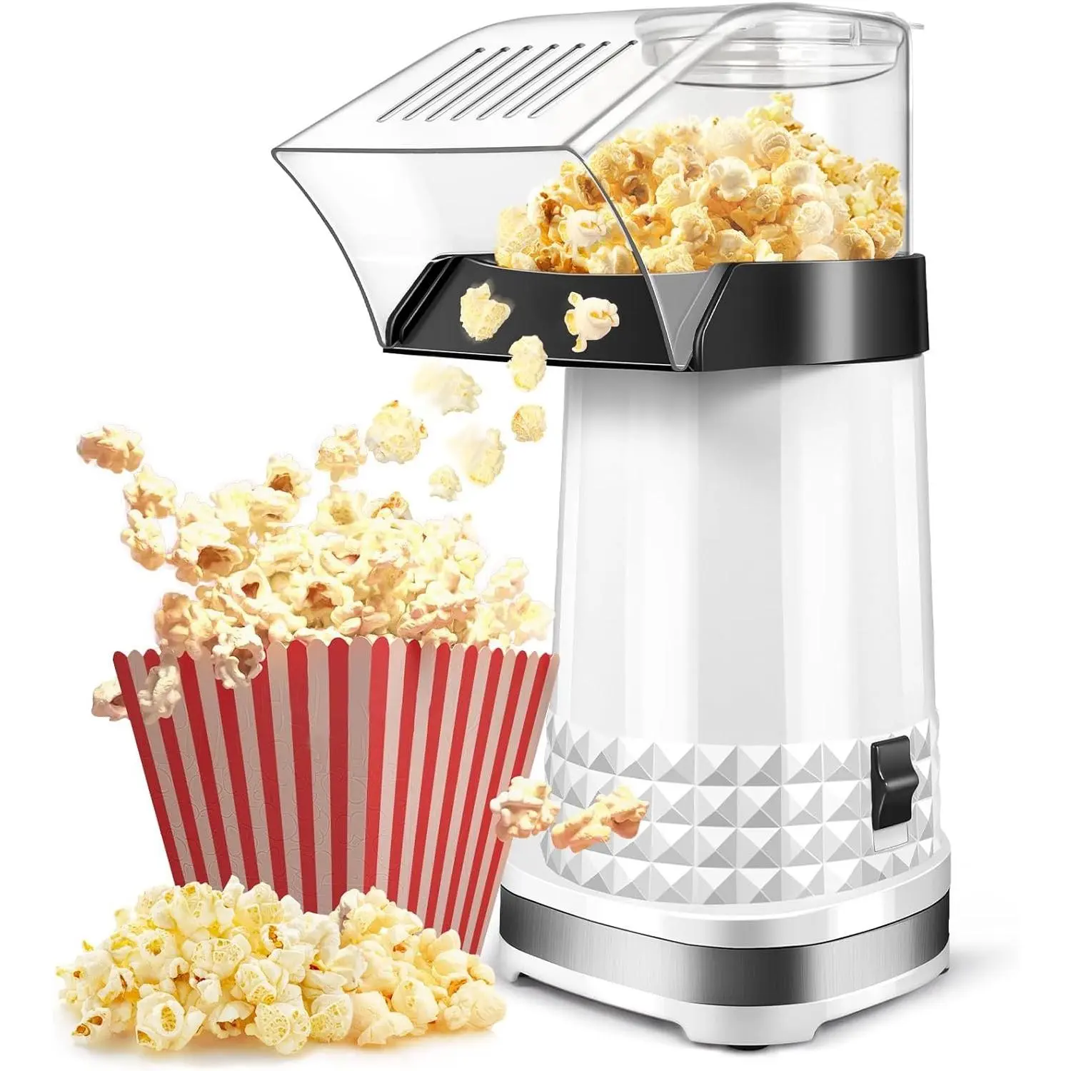 1200W Hot Air Popcorn Machine - 4.5-Quart Oil-Free Popcorn Maker with 2-Min Fast Popping, High Efficiency Air Popper with Anti-Clog Design for Healthy Family Snack (White)