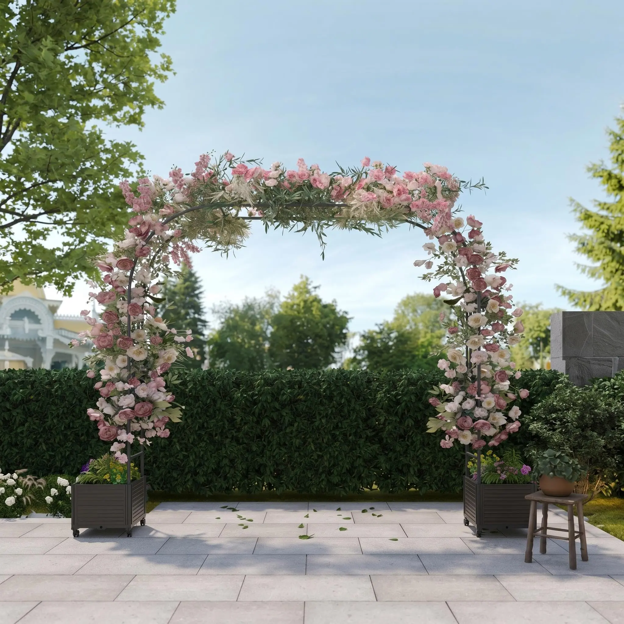 GARVEE Mobile Trellis Arch with Planter & Wheels, 220x40x240cm Weather-Resistant Rustproof Outdoor Patio Structure, Plant Support for Climbing Roses, Balcony Use