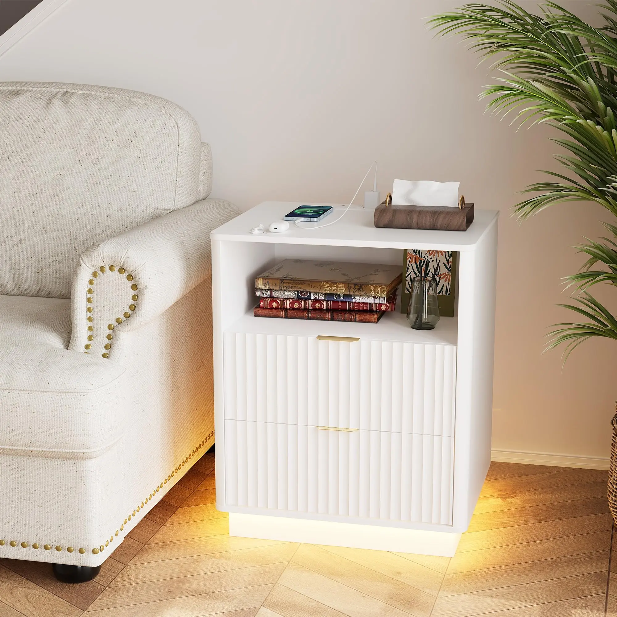 Fluted Nightstand with Charging Station & LED Lights – 2 Drawer Bedside Table with Open Shlef, Modern End Table for Bedroom, Living Room