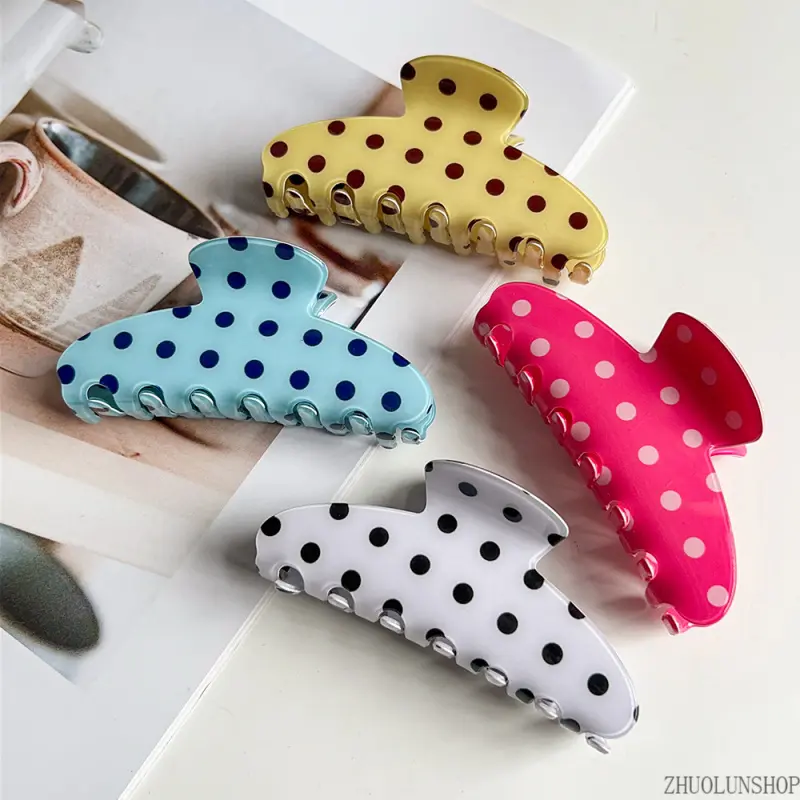 Korean Elegant Cream Polka Dot Half-Circle Shark Hair Claw for Women, Medium Size Minimalist Sweet Hair Barrettes, Ideal Hair Accessory for Half Updo Daily Hairstyles