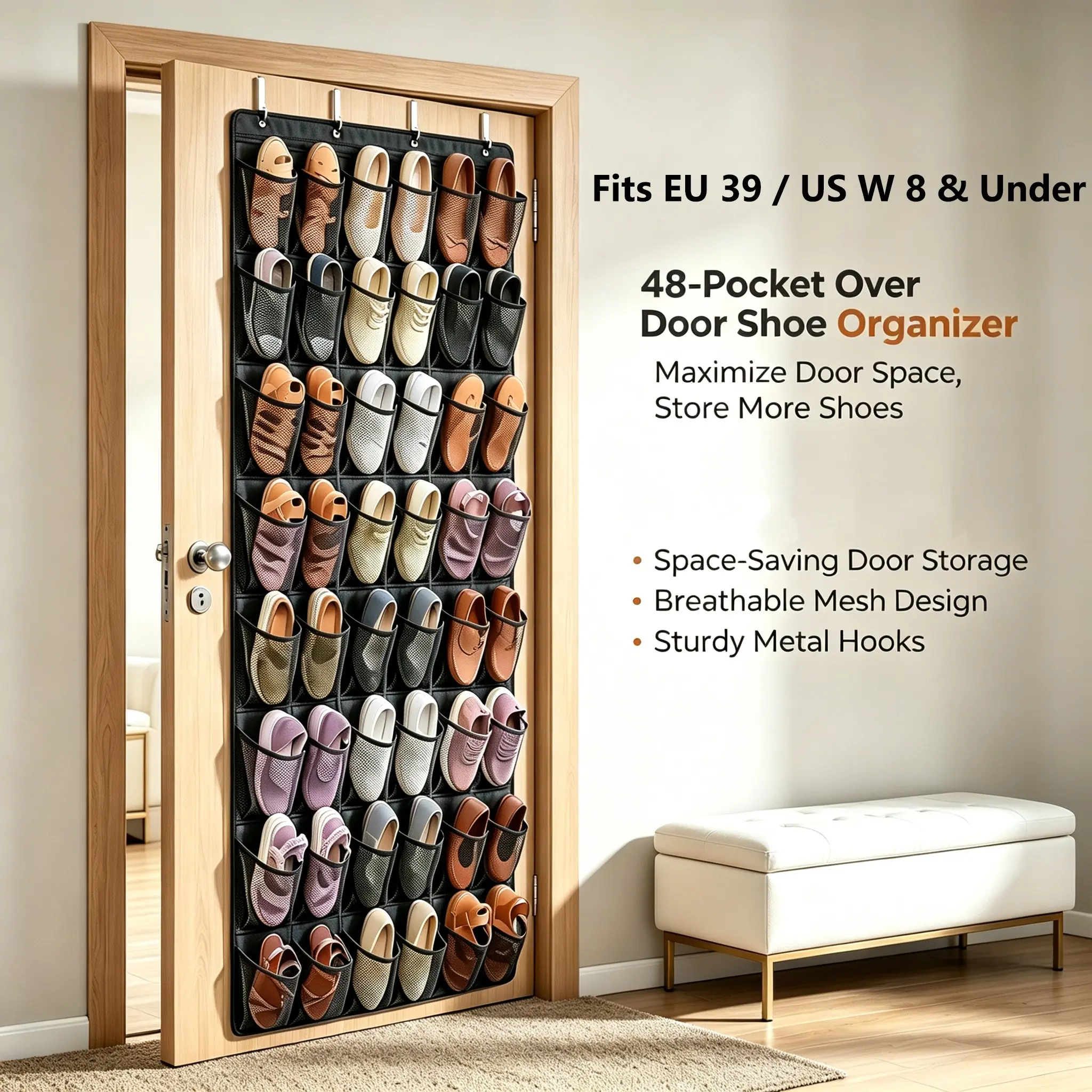 Fits EU 39 / US Women's 8 & Under, 1PC 48-Pocket Over-the-Door Shoe Organizer, Hanging Shoe Rack with Large Breathable Mesh, Space-Saving Storage for Sneakers & Heels, Behind-the-Door Organizer for Entryway, Bedroom, Dorm & College