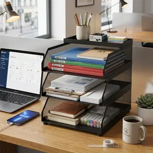 Stackable Mesh Desk Organizer - 3/4-Tier Black Metal Document Tray with Top Shelf - Slanted Paper/Letter/Folder Holder - Durable Expandable File Shelf for Office Desktop Paper & Supplies Storage