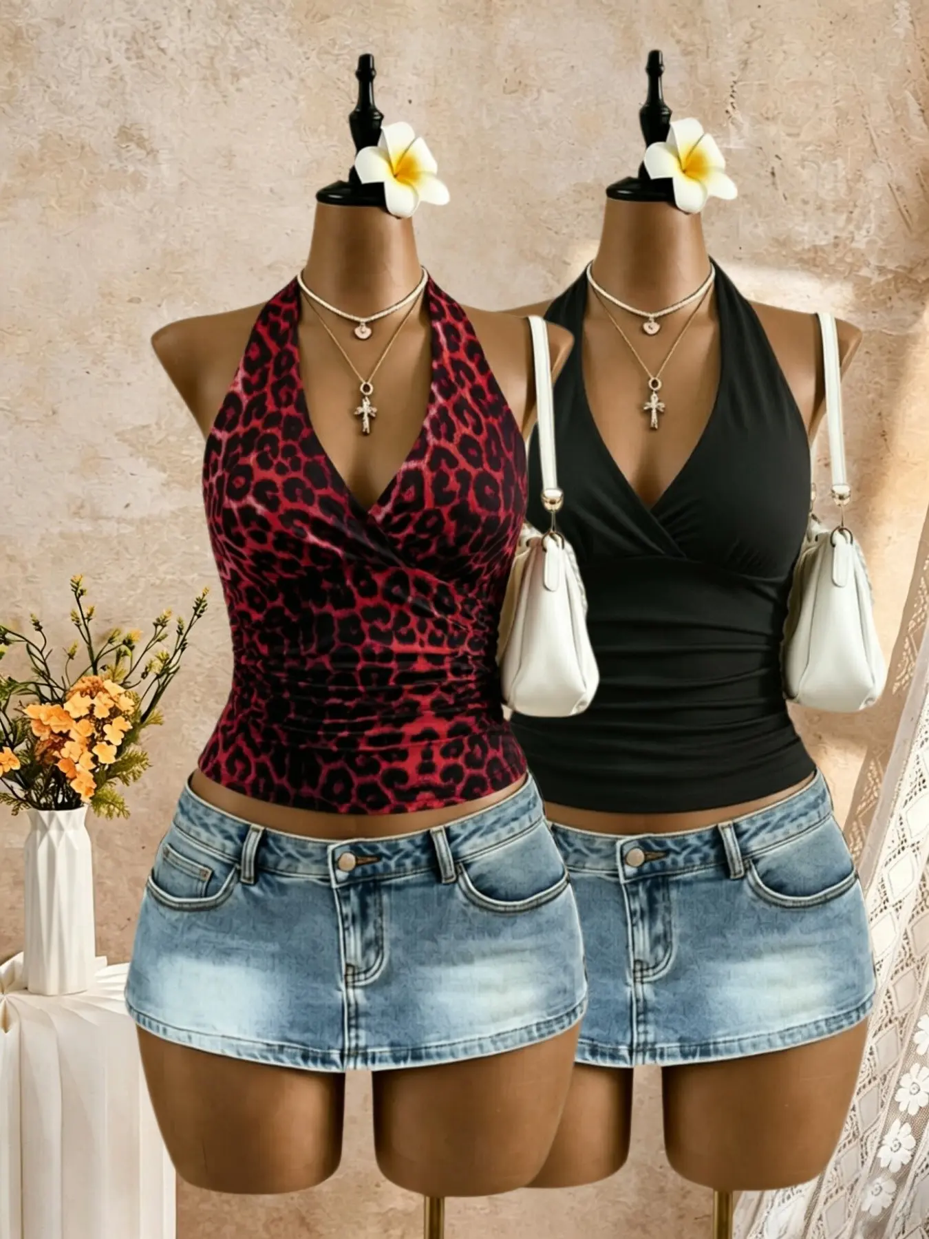 Two-Piece Halter Neck Tank Top Set, Deep V-Neck Backless Self-Tie Ruched Waist Slim Fit Short Sleeve Summer Beach Party
