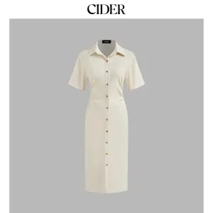 Cider [size 0-10] Collar Solid Button Ruched Maxi Dress Dealsforyou